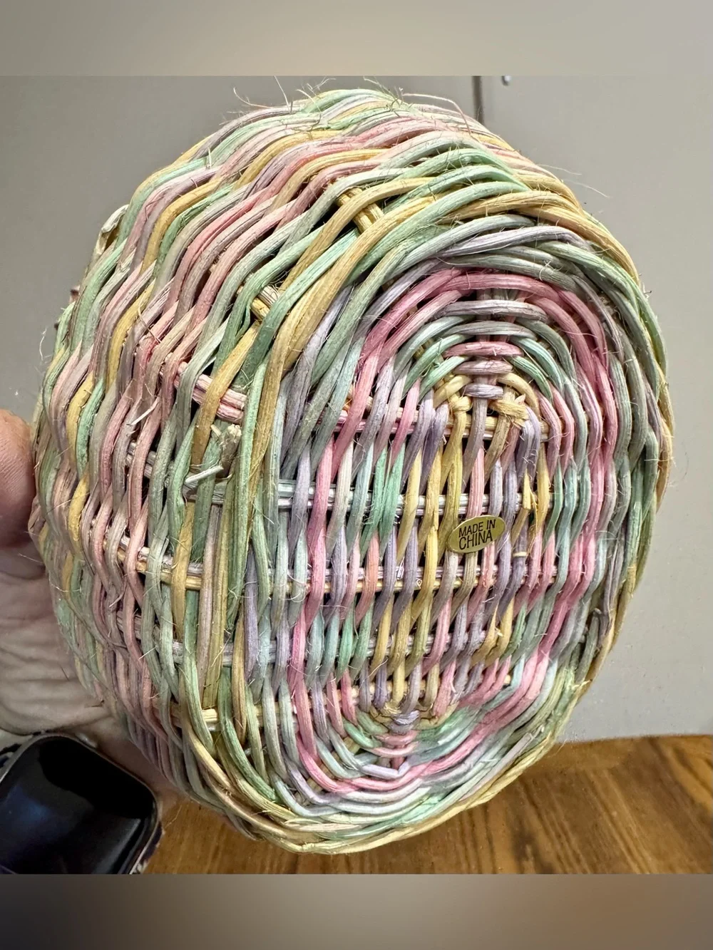 Woven Pastel Bunny Basket with pink, green, yellow & lavender eggs Easter decor